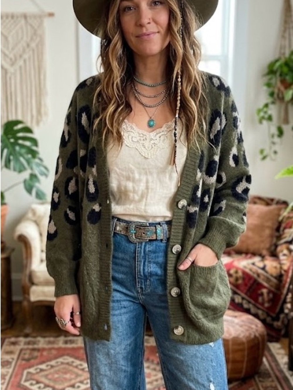 Oversized Forest Green Fuzzy Leopard Print Cardigan Boho Hippie Cozy Relaxed
